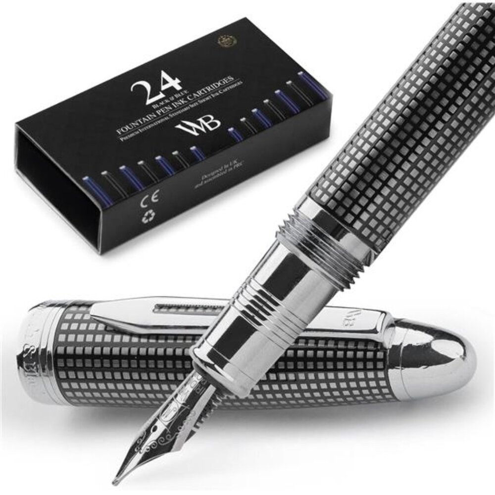 Fountain Pen-(Black Checked), Luxury Case, Stainless